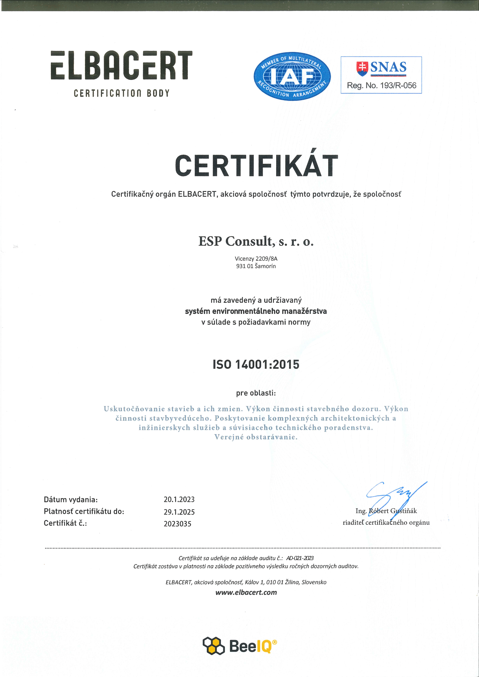 Certifikát zavedenia ISO 14001