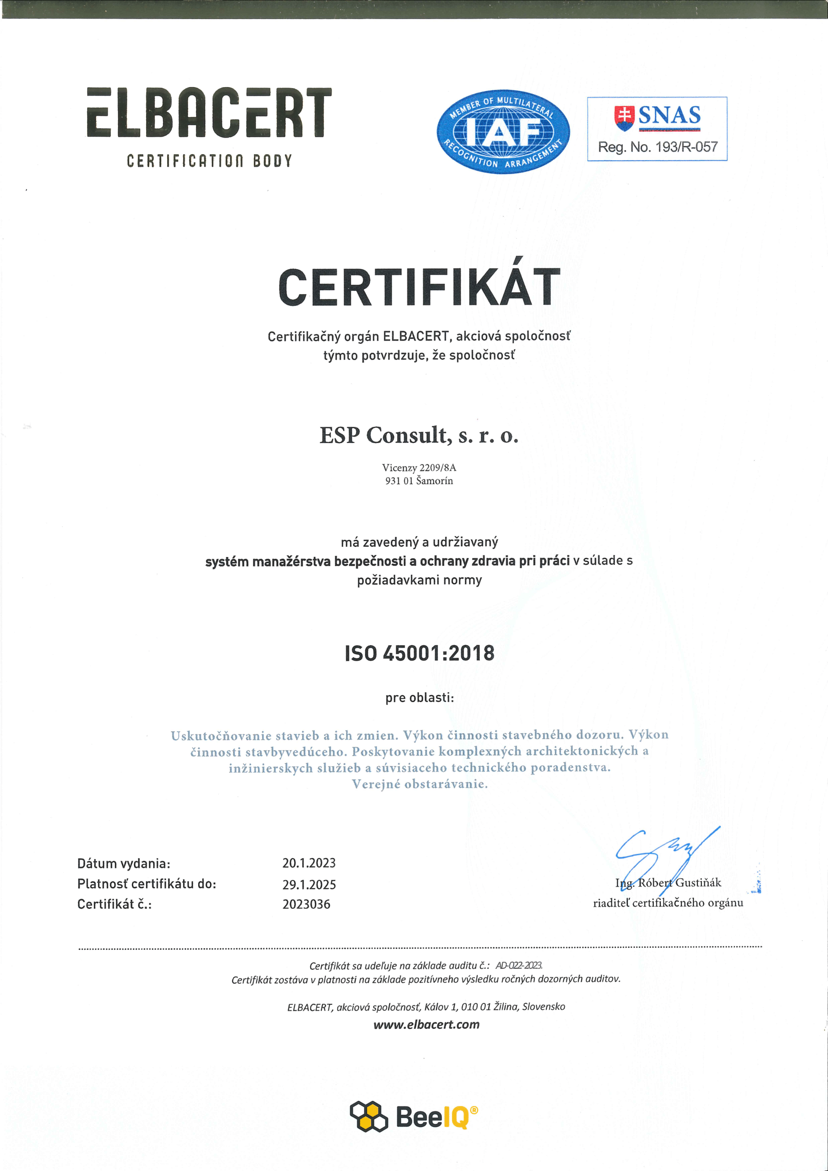 Certifikát zavedenia ISO 45001