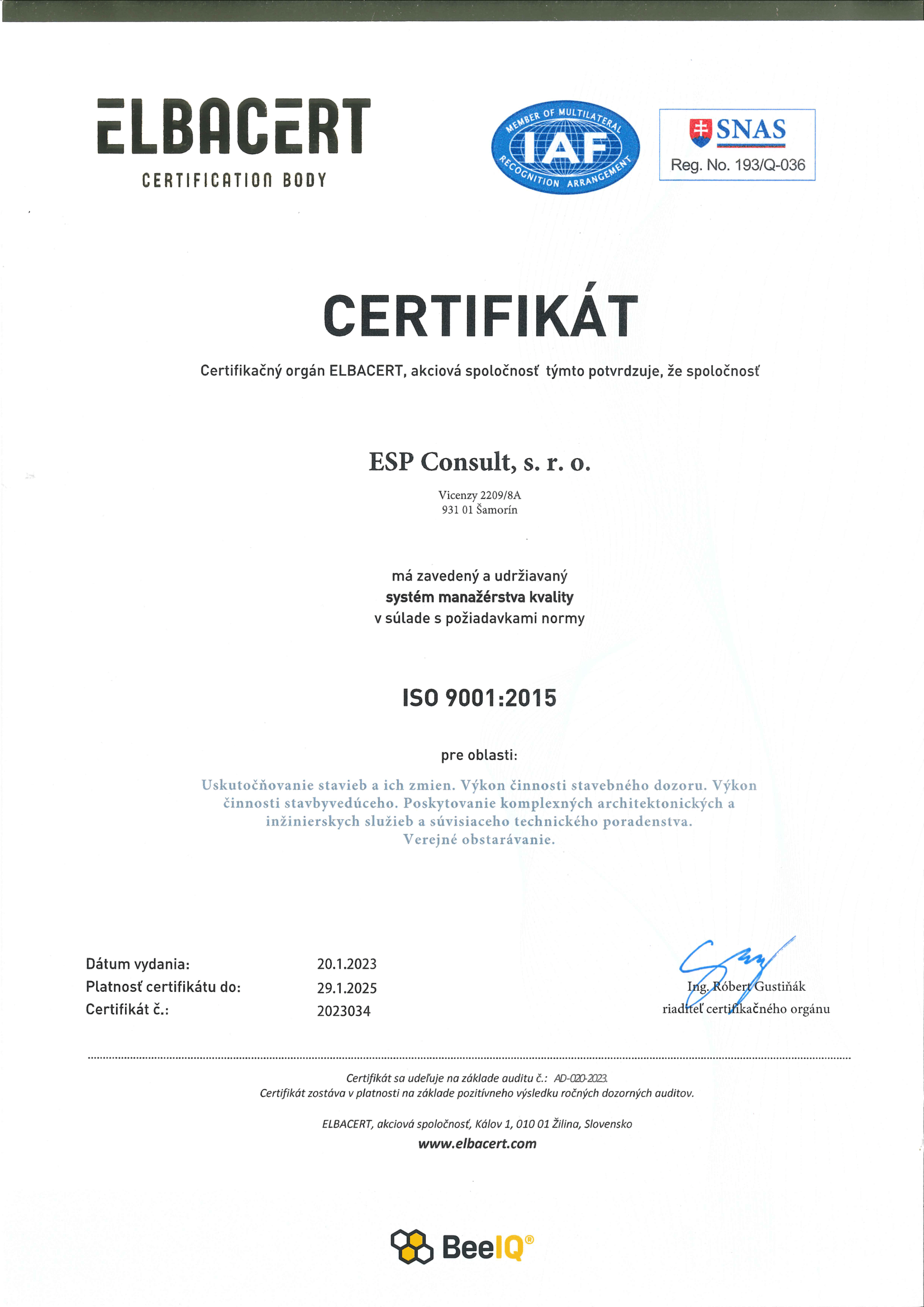 Certifikát zavedenia ISO 9001